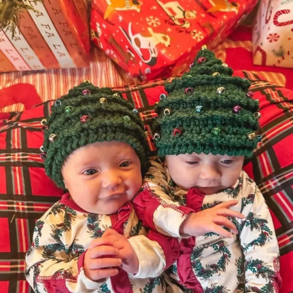 Personalized Name Crochet Christmas Tree Hat - Baby First Christmas Gift - Knit Baby Beanie Hat