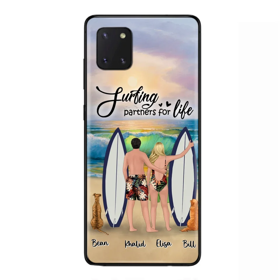 Custom Personalized Surfing Phone Case - Couple And 2 Pets - Phone Case For iPhone and Samsung - Surfing Partners For Life - CCS180