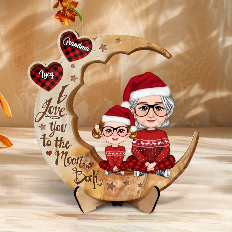 Personalized Grandma And Grandkid 2 Layered Wooden Art - Christmas Gift Idea For Grandma - I Love You To The Moon & Back