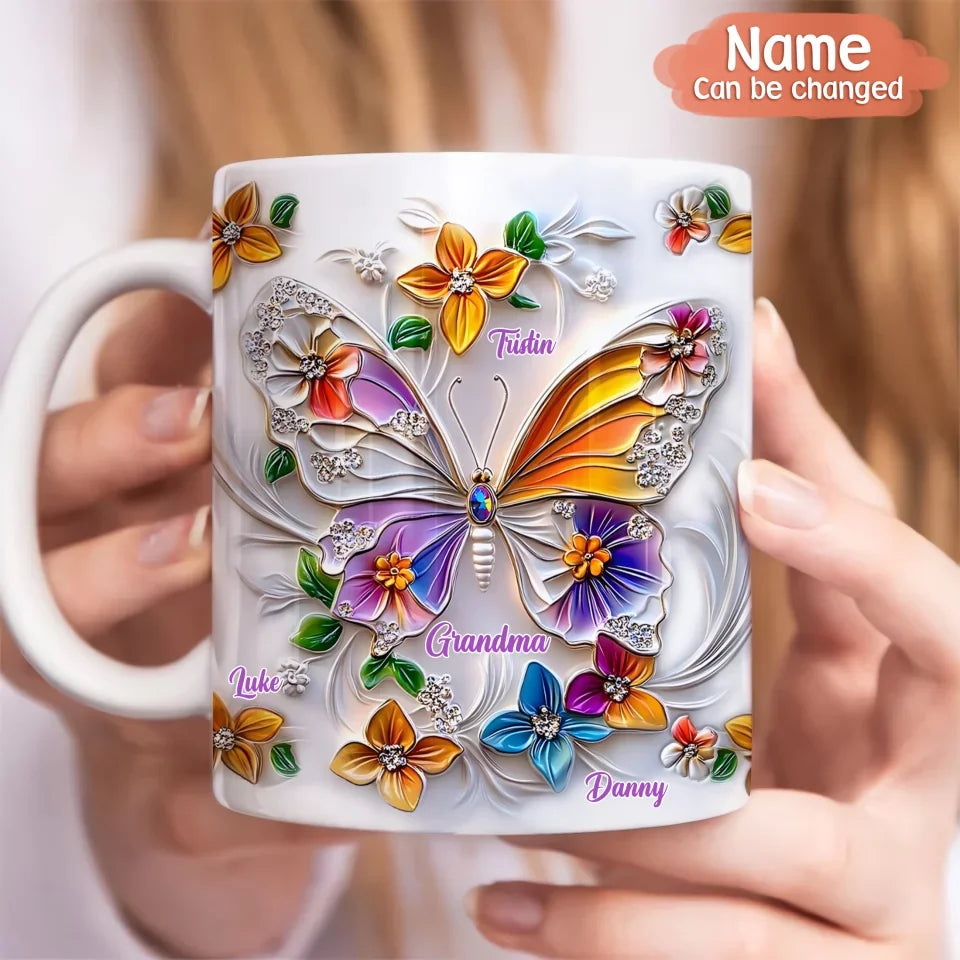 Personalized Grandma Butterfly Coffee Mug/Accent Mug - Up to 8 Kids - Gift Idea For Grandma