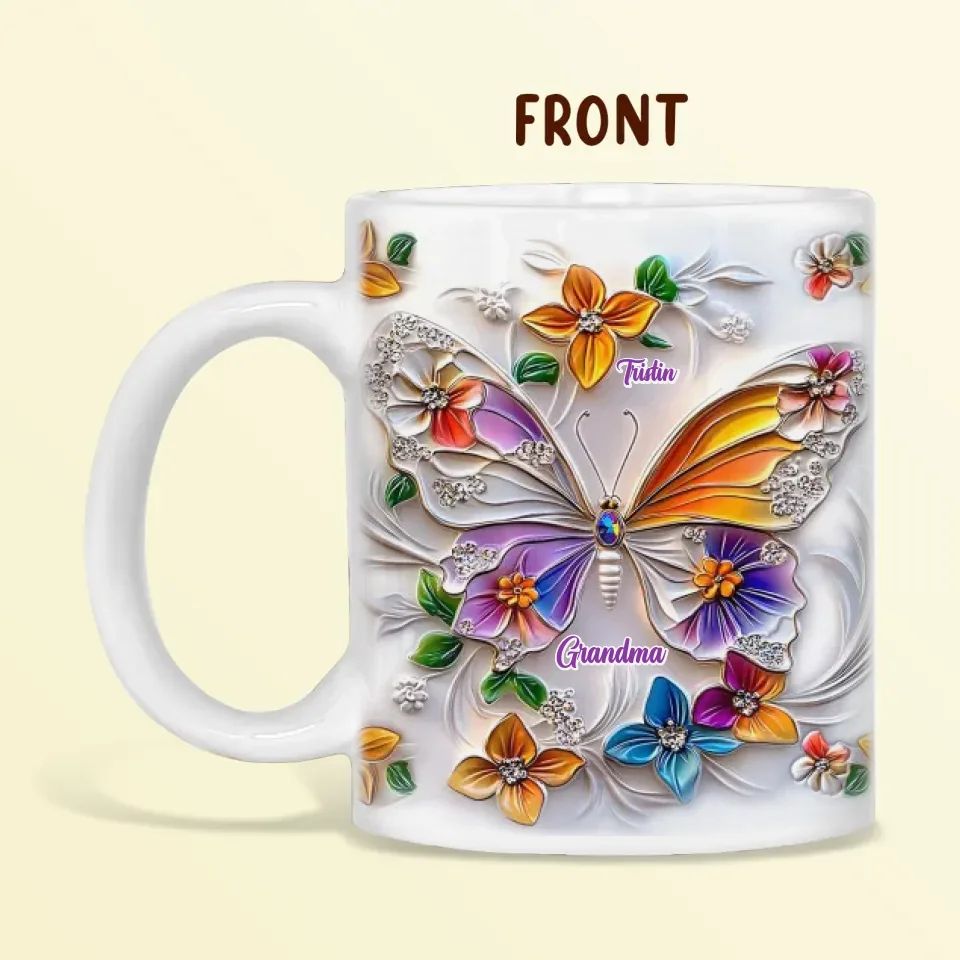 Personalized Grandma Butterfly Coffee Mug/Accent Mug - Up to 8 Kids - Gift Idea For Grandma