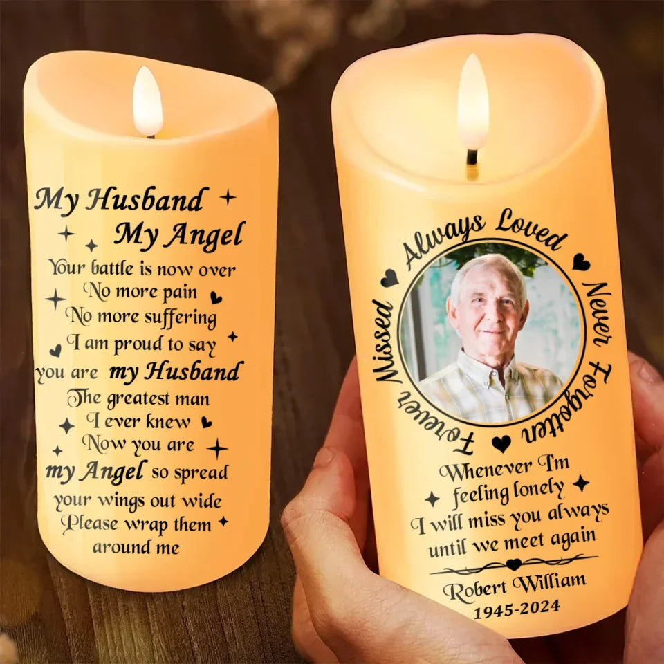 Personalized Memorial Led Candle - Upload Photo - My Husband My Angel