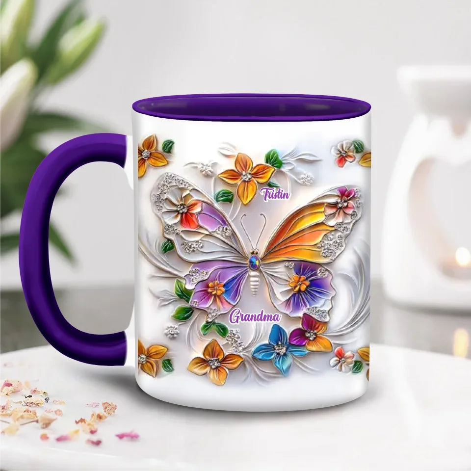 Personalized Grandma Butterfly Coffee Mug/Accent Mug - Up to 8 Kids - Gift Idea For Grandma