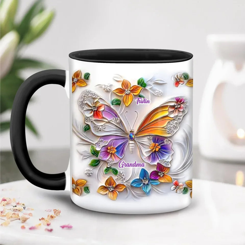 Personalized Grandma Butterfly Coffee Mug/Accent Mug - Up to 8 Kids - Gift Idea For Grandma