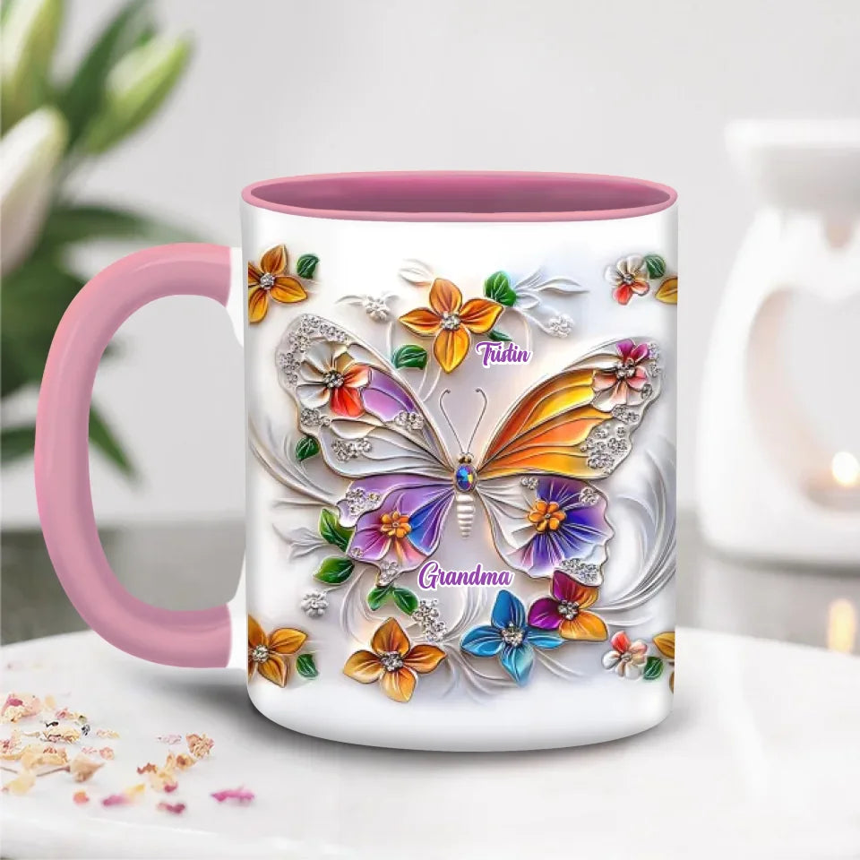 Personalized Grandma Butterfly Coffee Mug/Accent Mug - Up to 8 Kids - Gift Idea For Grandma