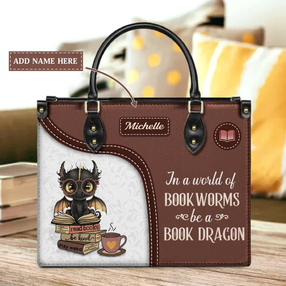 Personalized Bookism Dragon PU Leather Handbag With Long Straps - Gift Idea For Book Lover - In A World Of Bookworms Be A Book Dragon