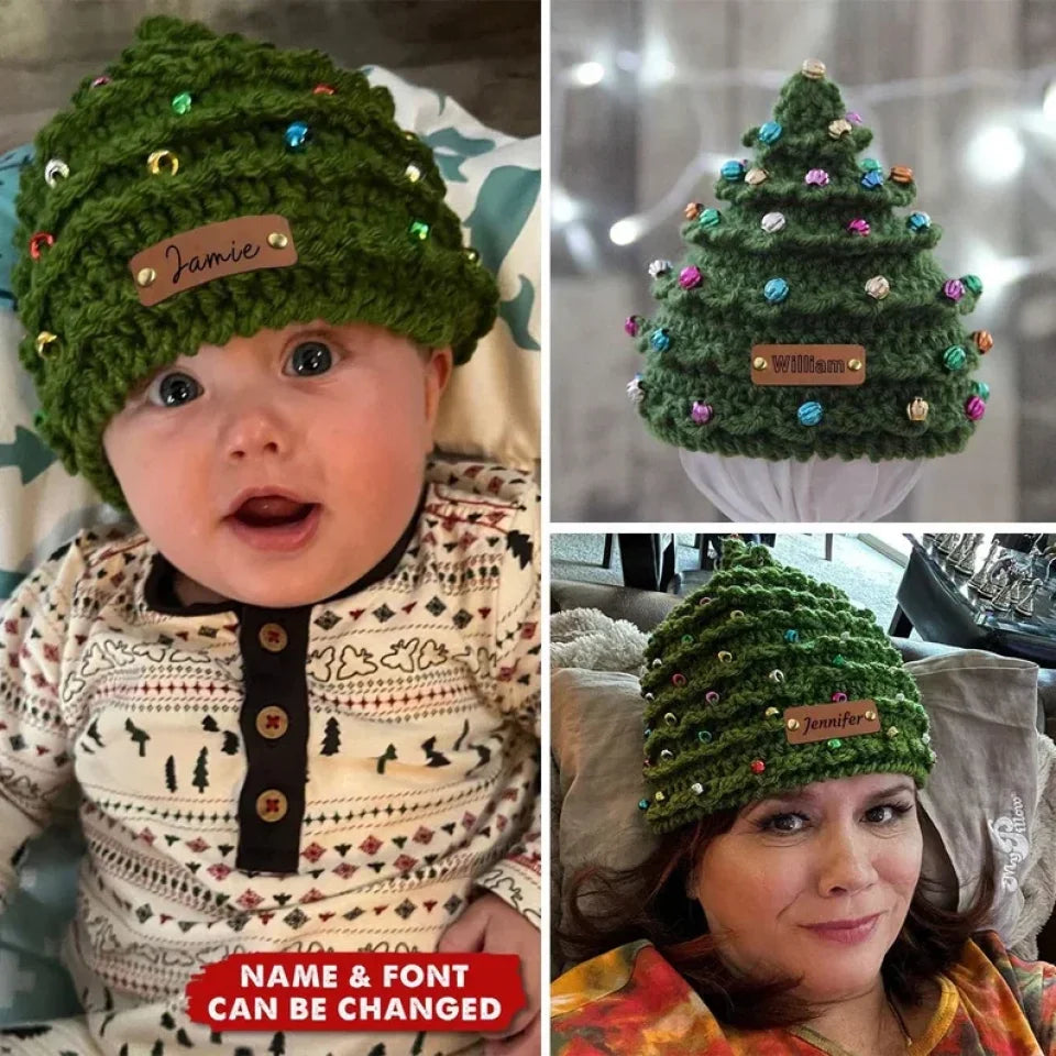Personalized Name Crochet Christmas Tree Hat - Baby First Christmas Gift - Knit Baby Beanie Hat