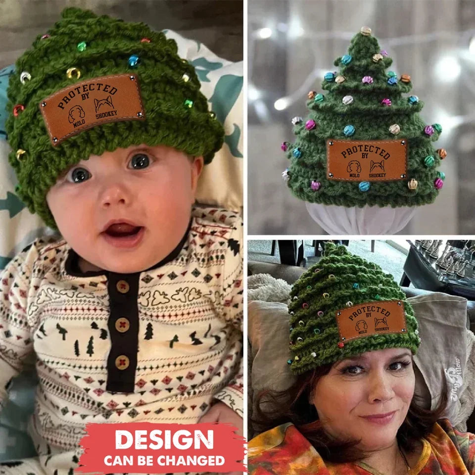 Personalized Christmas Tree Crochet Hat - Christmas Gift For Kids - Protected By Dogs