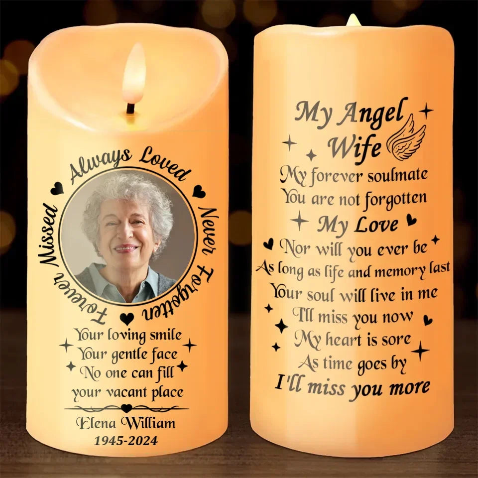 Personalized My Angel Wife Led Candle - Memorial Gift Idea - Upload Photo - Always Loved Never Forgotten Forever Missed