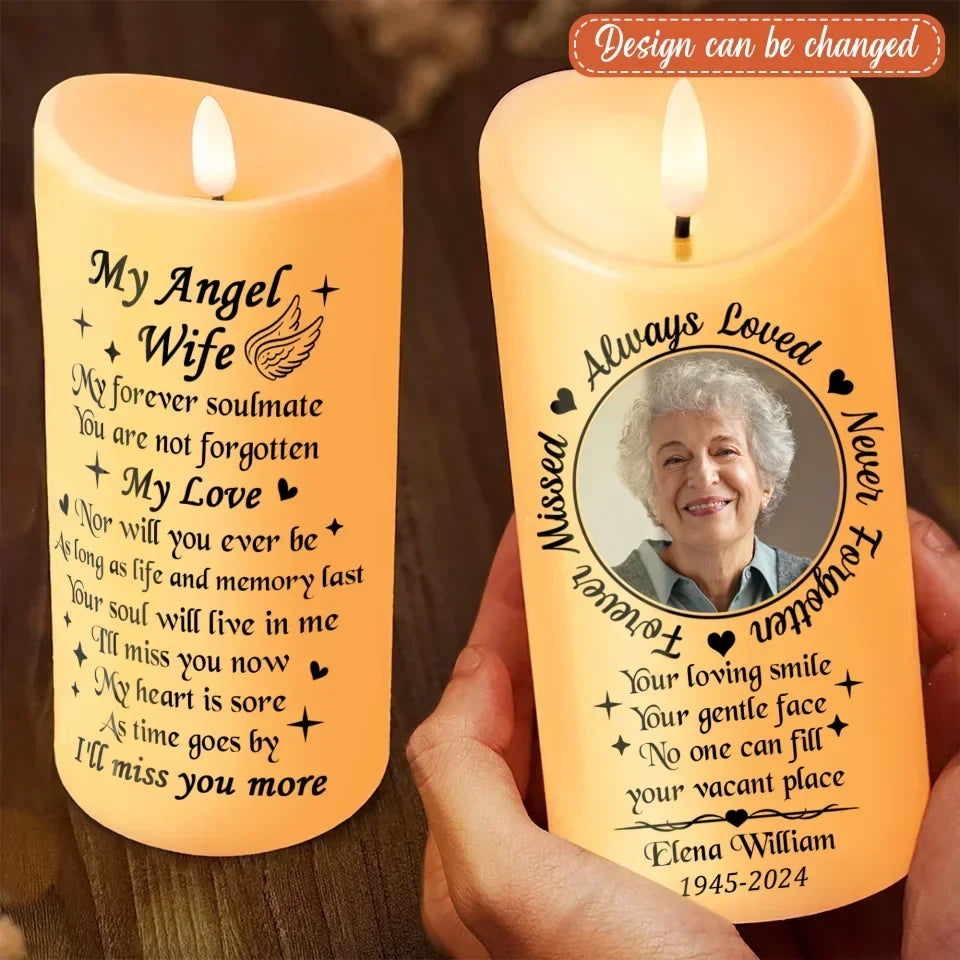 Personalized My Angel Wife Led Candle - Memorial Gift Idea - Upload Photo - Always Loved Never Forgotten Forever Missed