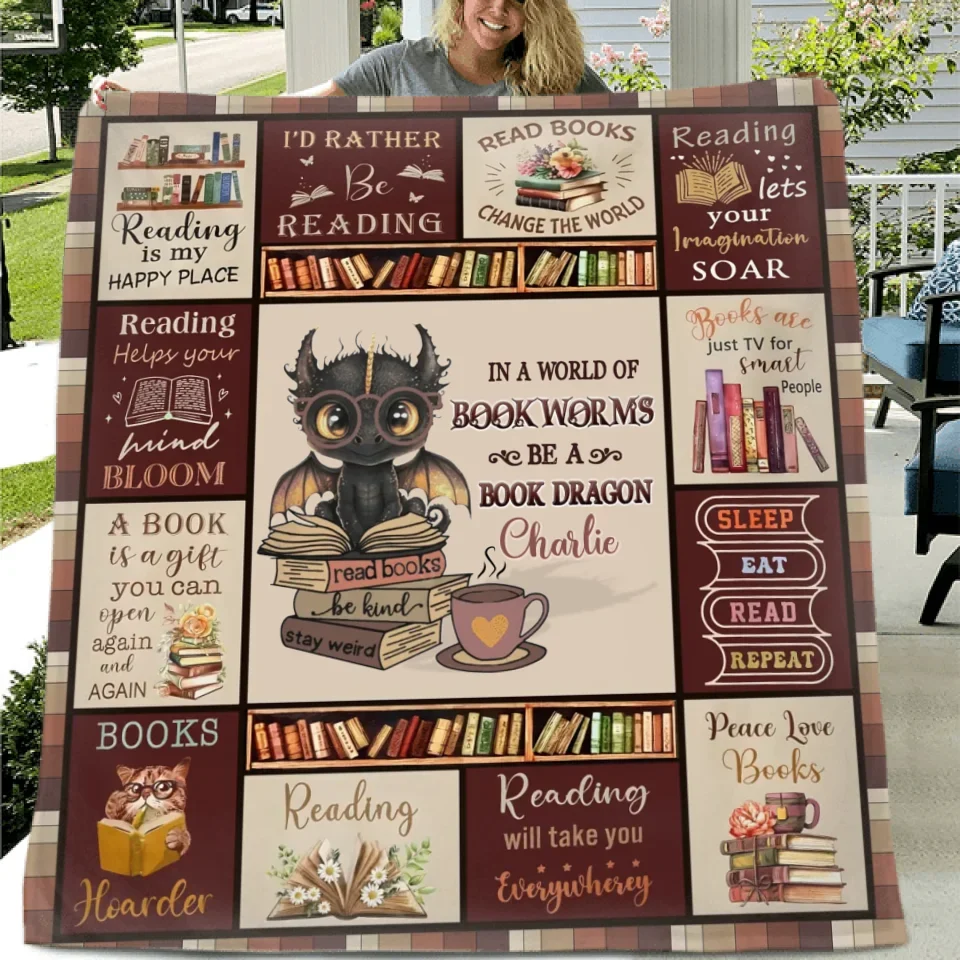 Personalized Books & Dragon Quilt/Fleece Throw Blanket - Gift Idea For Book Lover - In A World Of Bookworms Be A Book Dragon
