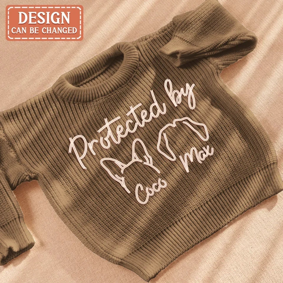 Personalized Hand Embroidered Baby and Toddler Sweaters - Protected By Dogs - Up to 3 Dogs