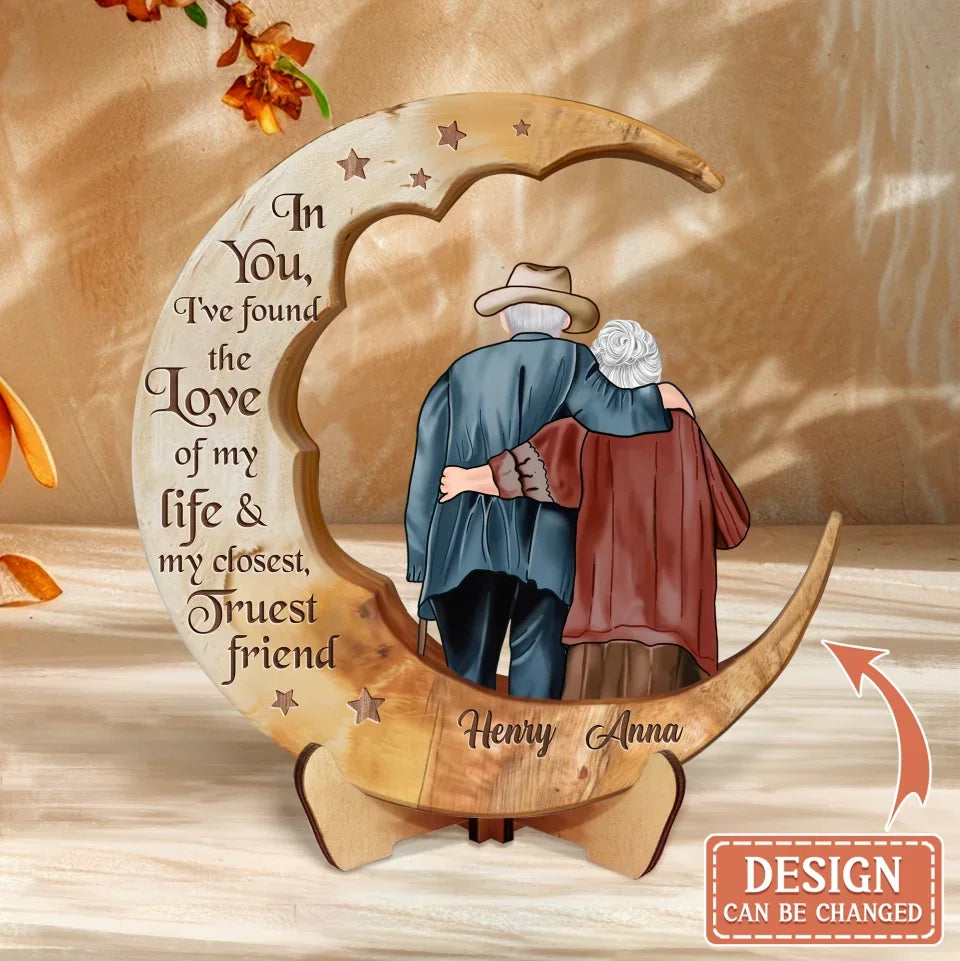 Personalized Old Couple On The Moon Wooden Art - Gift Idea For Couple - From Our First Kiss Till Our Last Breath