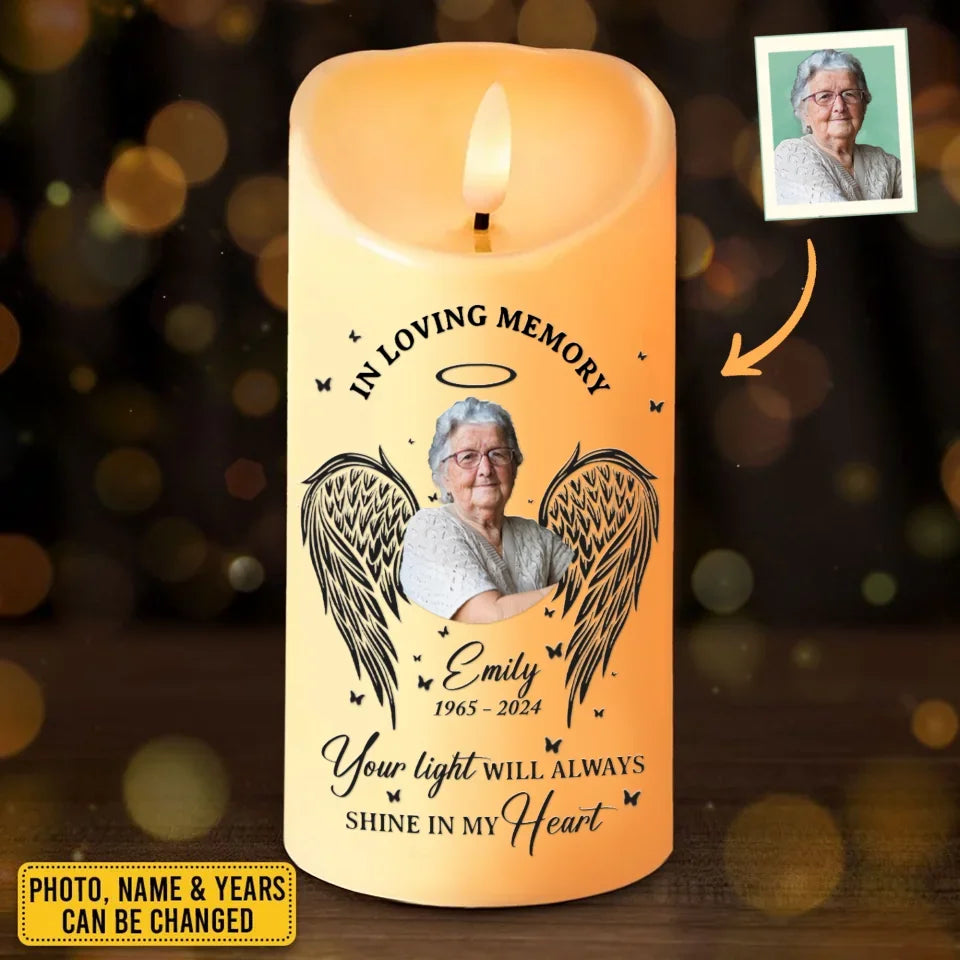Personalized Memorial Led Candle - Upload Photo - Memorial Gift Idea For Family Member - Your Light Will Always Shine In My Heart