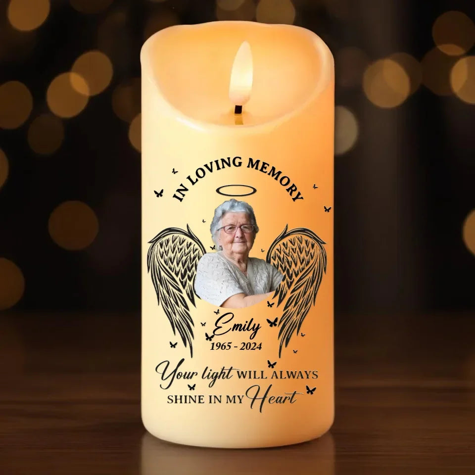 Personalized Memorial Led Candle - Upload Photo - Memorial Gift Idea For Family Member - Your Light Will Always Shine In My Heart