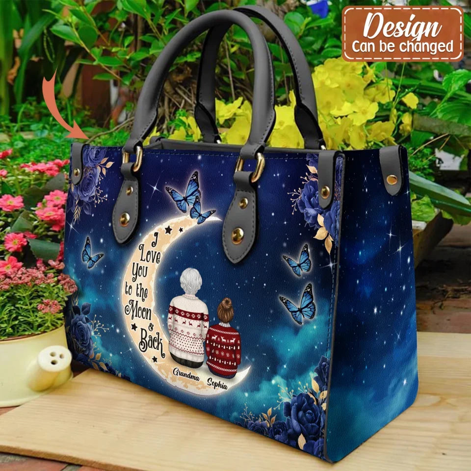 Personalized Grandma PU Leather Handbag With Long Straps - Up to 3 Kids - Mother's Day Gift Idea For Grandma/Nana - I Love You To The Moon & Back