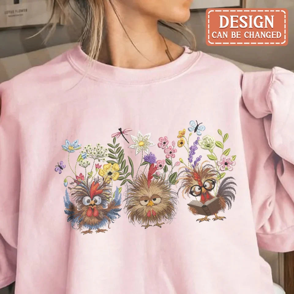 Personalized Chicken Flower Embroidered Sweatshirt - Gift Idea For Chicken Lover
