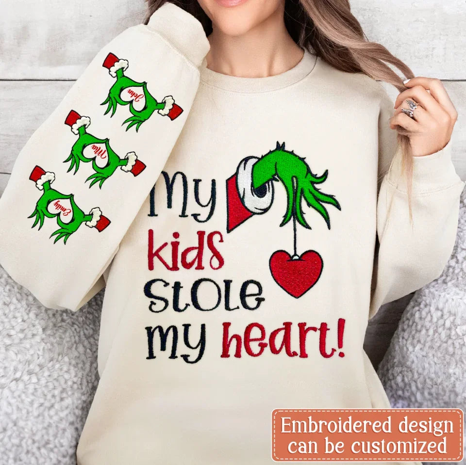 Personalized Grinch Hand Embroidered Sweater - Up to 6 Kids - Christmas Gift Idea For Grandma/Mom - My Kids Stole My Heart