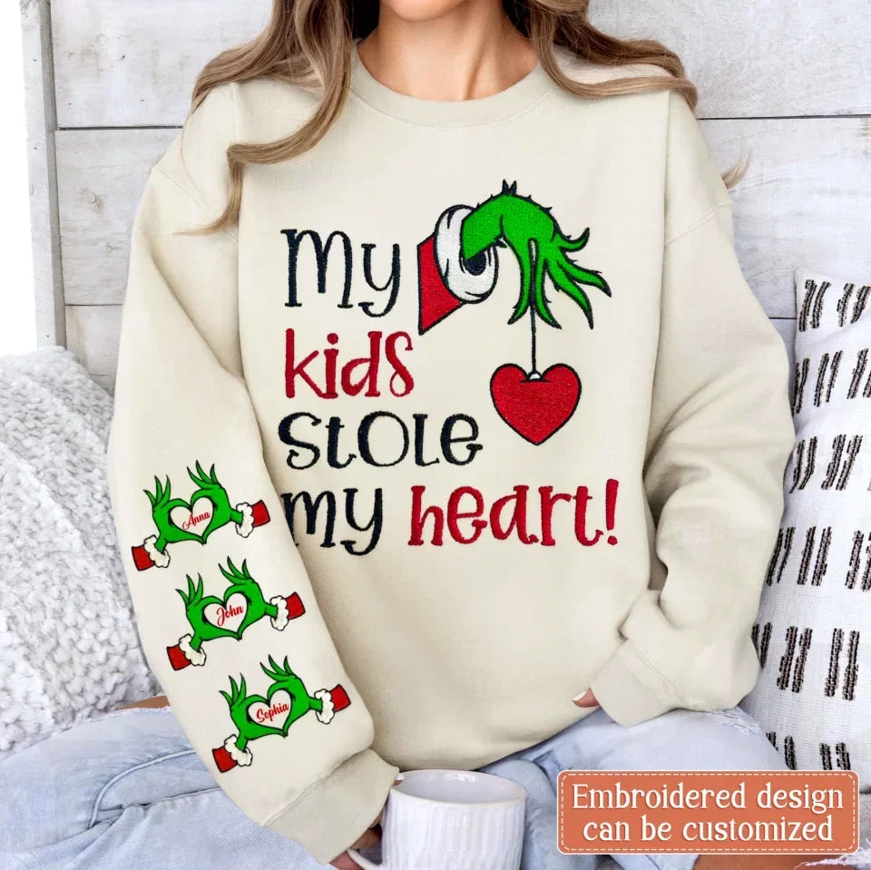 Personalized Grinch Hand Embroidered Sweater - Up to 6 Kids - Christmas Gift Idea For Grandma/Mom - My Kids Stole My Heart