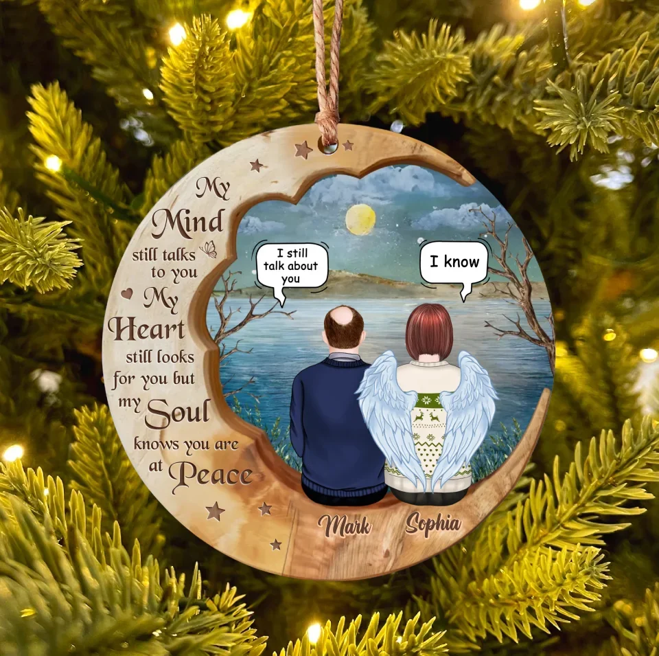 Personalized Memorial Moon Wooden Ornament - Memorial Gift Idea For Couple/Family Member - Up to 4 People - My Mind Still Talks To You