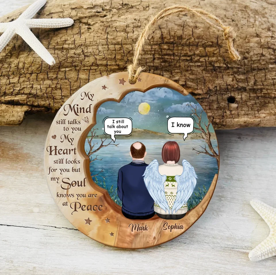 Personalized Memorial Moon Wooden Ornament - Memorial Gift Idea For Couple/Family Member - Up to 4 People - My Mind Still Talks To You