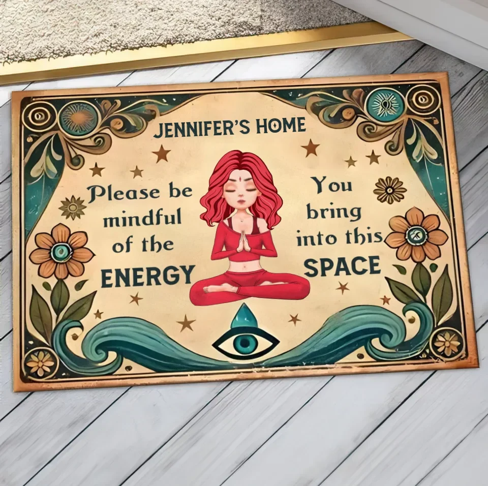 Personalized Yoga Doormat - Gift Idea for Yoga Lovers - Please Be Mindful of The Energy You Bring Into This Space
