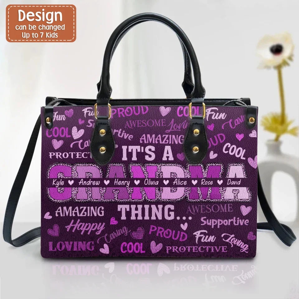 Personalized Grandma PU Leather Handbag With Long Straps - Up to 7 Kids - Mother's Day Gift Idea For Grandma