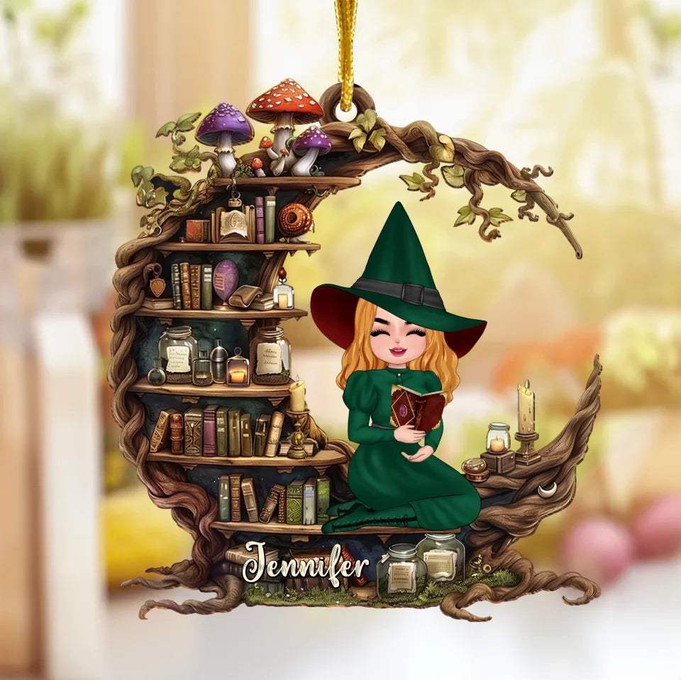 Personalized Witch Reading Book On Moon Wooden Ornament - Gift Idea For Witch/Book Lover