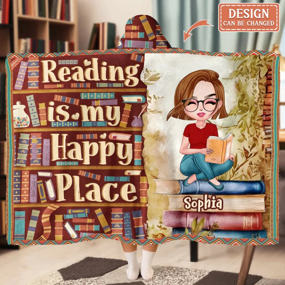 Personalized Reading Book Hooded Blanket - Gift Idea For Birthday/Reading Lovers - Reading Is My Happy Place