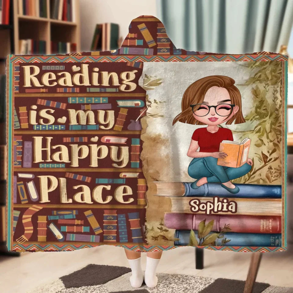 Personalized Reading Book Hooded Blanket - Gift Idea For Birthday/Reading Lovers - Reading Is My Happy Place