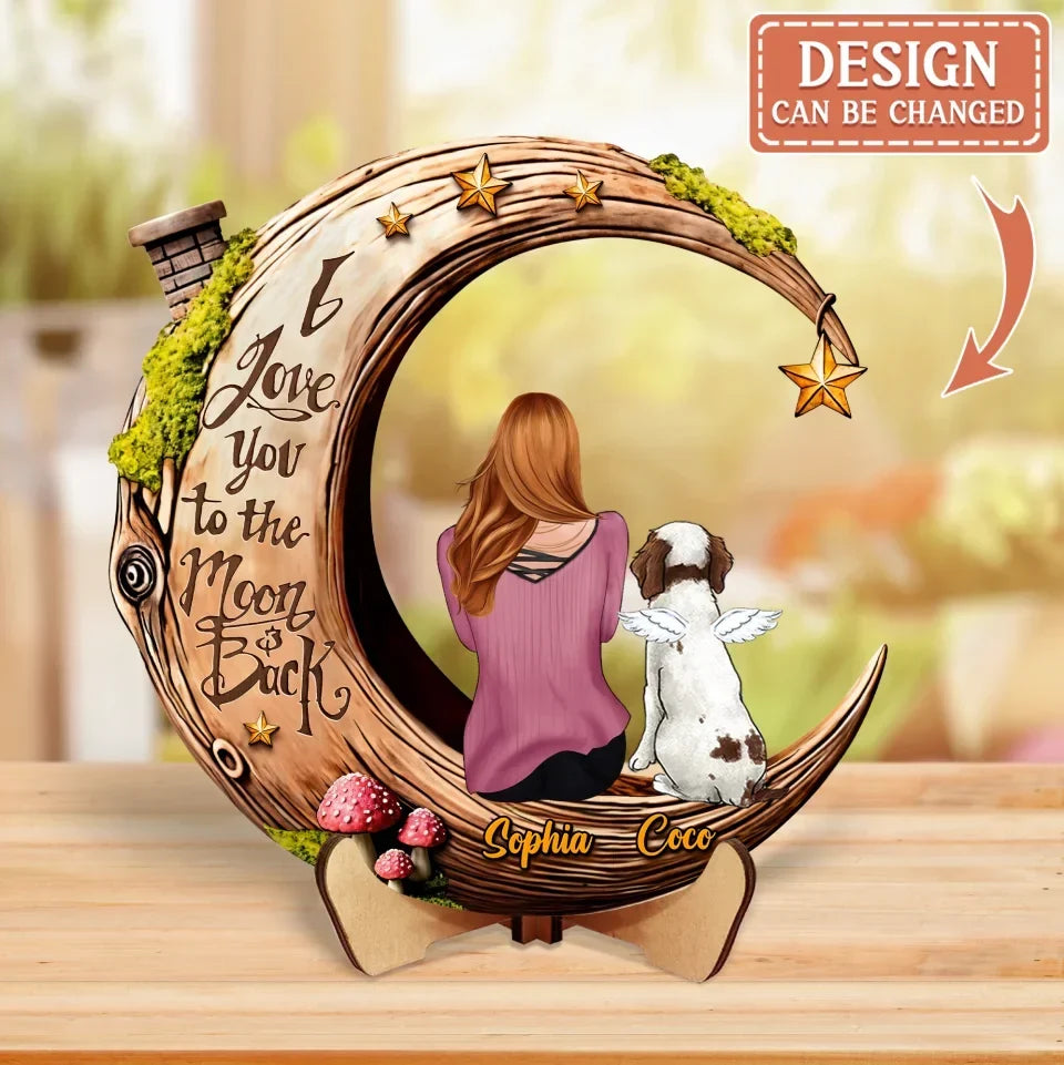 Personalized Memorial Moon Wooden Art - Memorial Gift Idea For Pet Lover - Adult/Couple With Pets - I Love You To The Moon & Back