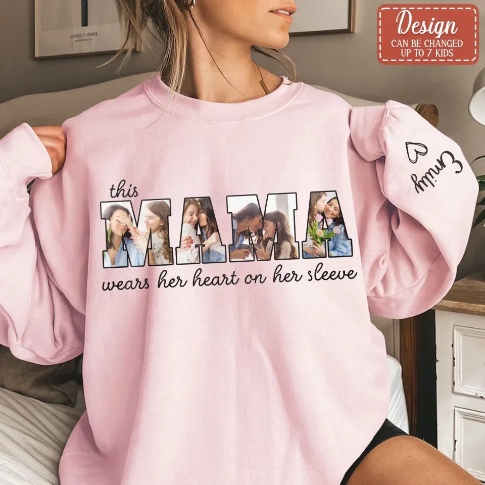 Personalized Mother AOP Sweater - Upload Photos - Gift To Grandma/Mom - This Mama Wears Her Heart On Her Sleeve