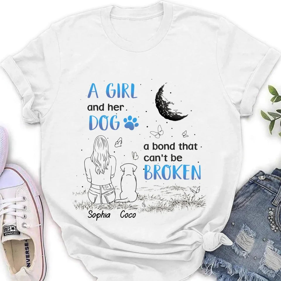 Personalized Girl And Dog T-shirt/Long Sleeve/Sweatshirt/Hoodie - Memorial Gift Idea For Dog Lover - A Girl And Her Dog A Bond That Can't Be Broken