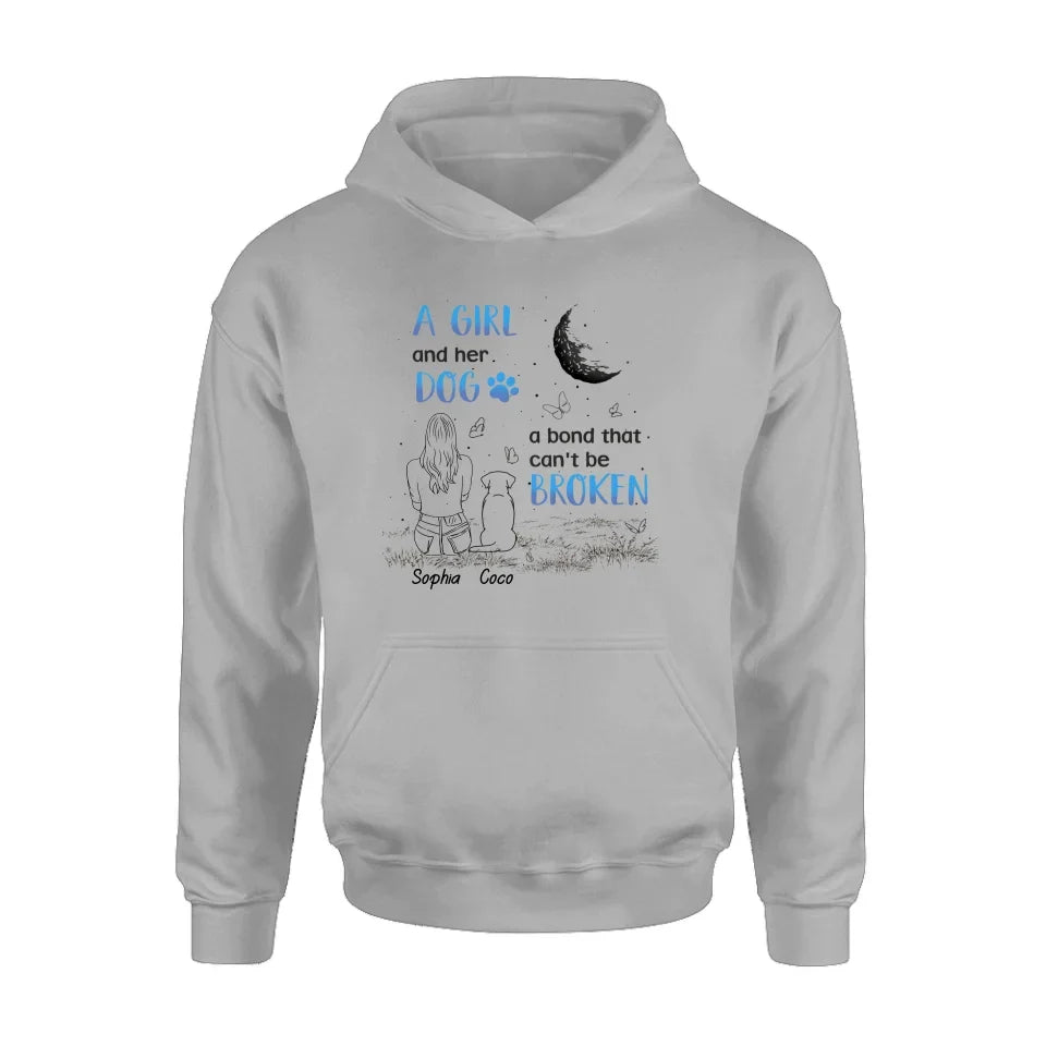 Personalized Girl And Dog T-shirt/Long Sleeve/Sweatshirt/Hoodie - Memorial Gift Idea For Dog Lover - A Girl And Her Dog A Bond That Can't Be Broken