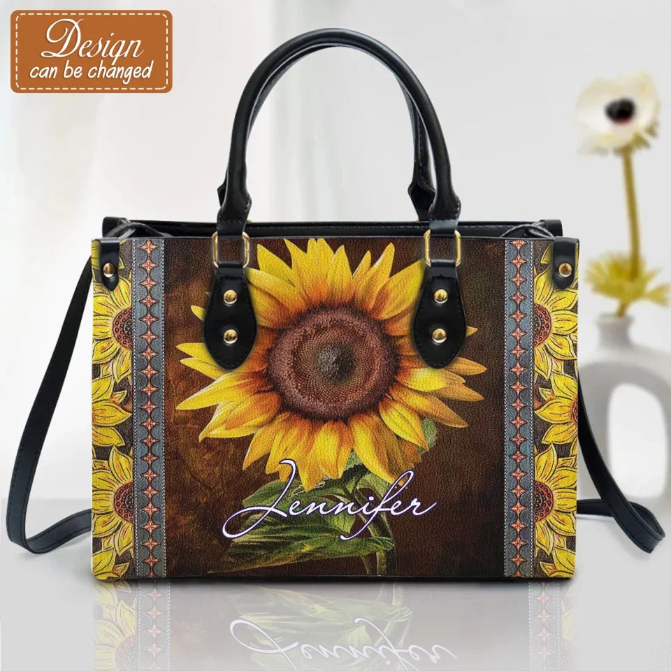 Personalized Sunflower PU Leather Handbag With Long Straps - Gift Idea For Woman/Grandma/Mom/Daughter/Friend/Wife