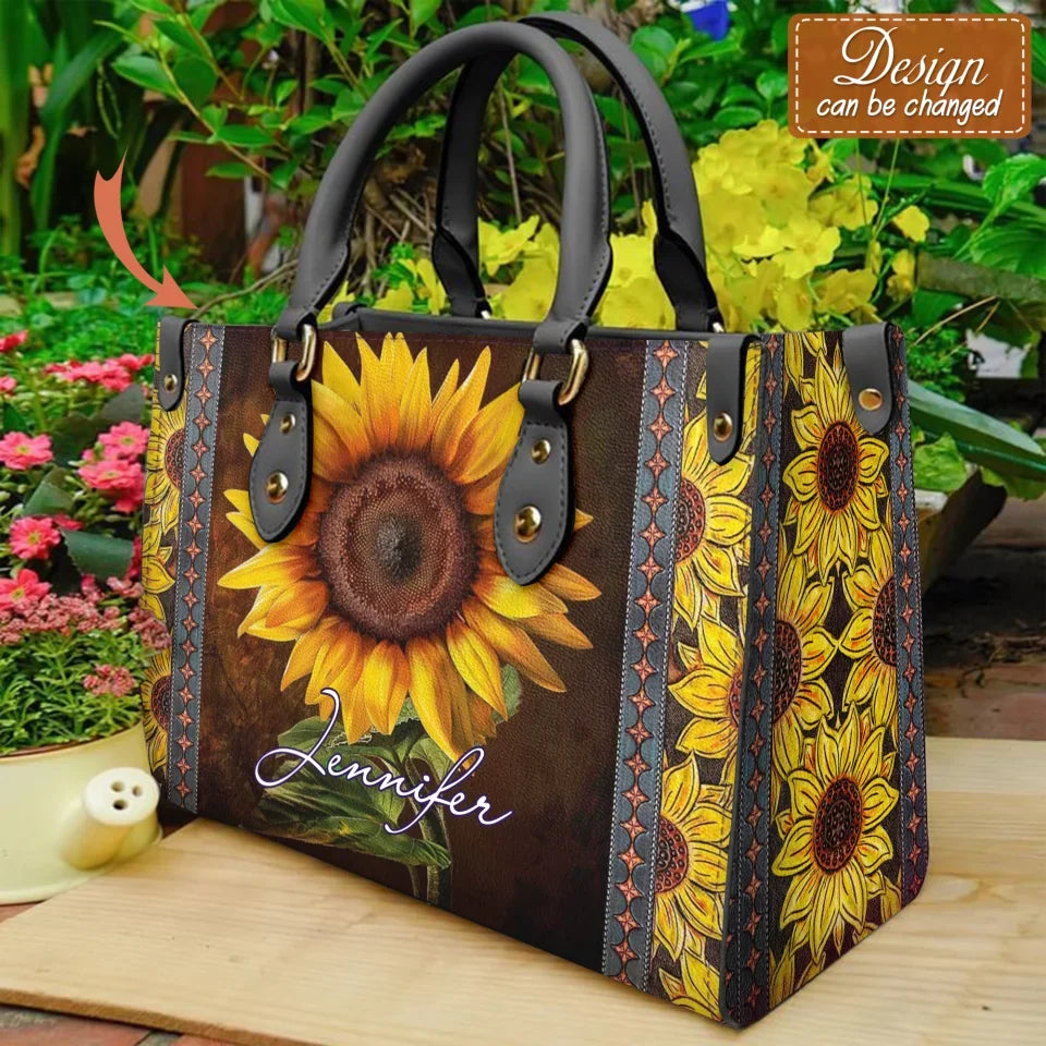 Personalized Sunflower PU Leather Handbag With Long Straps - Gift Idea For Woman/Grandma/Mom/Daughter/Friend/Wife