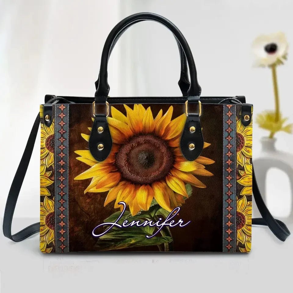 Personalized Sunflower PU Leather Handbag With Long Straps - Gift Idea For Woman/Grandma/Mom/Daughter/Friend/Wife