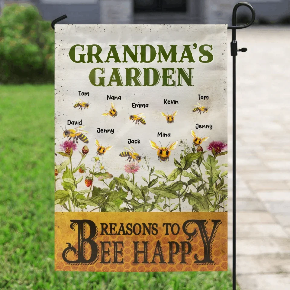 Personalized Grandma's Garden Flag Sign - Gift Idea For Grandma - Up to 10 Kids - Reasons To Bee Happy
