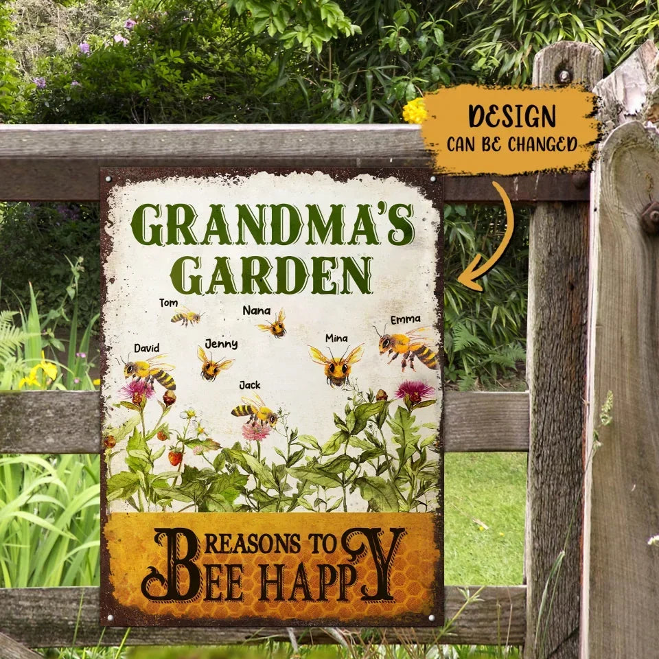 Personalized Grandma's Garden Metal Sign - Gift Idea For Grandma - Up to 10 Kids - Reasons To Bee Happy