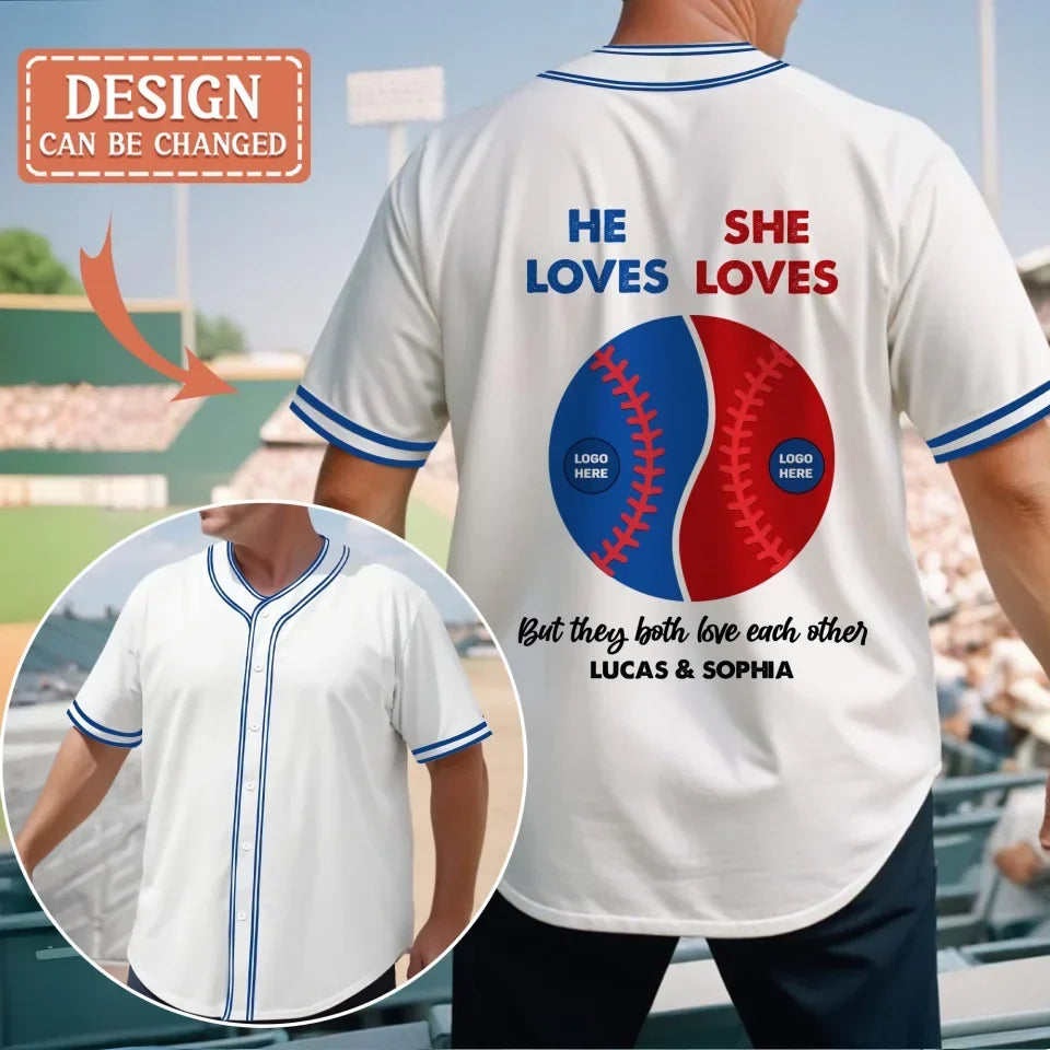 Personalized He Loves She Loves All-Over Print Baseball Jersey With Pinstripes - Gift Idea For Couple/Husband/Boyfriend - But They Both Love Each Other