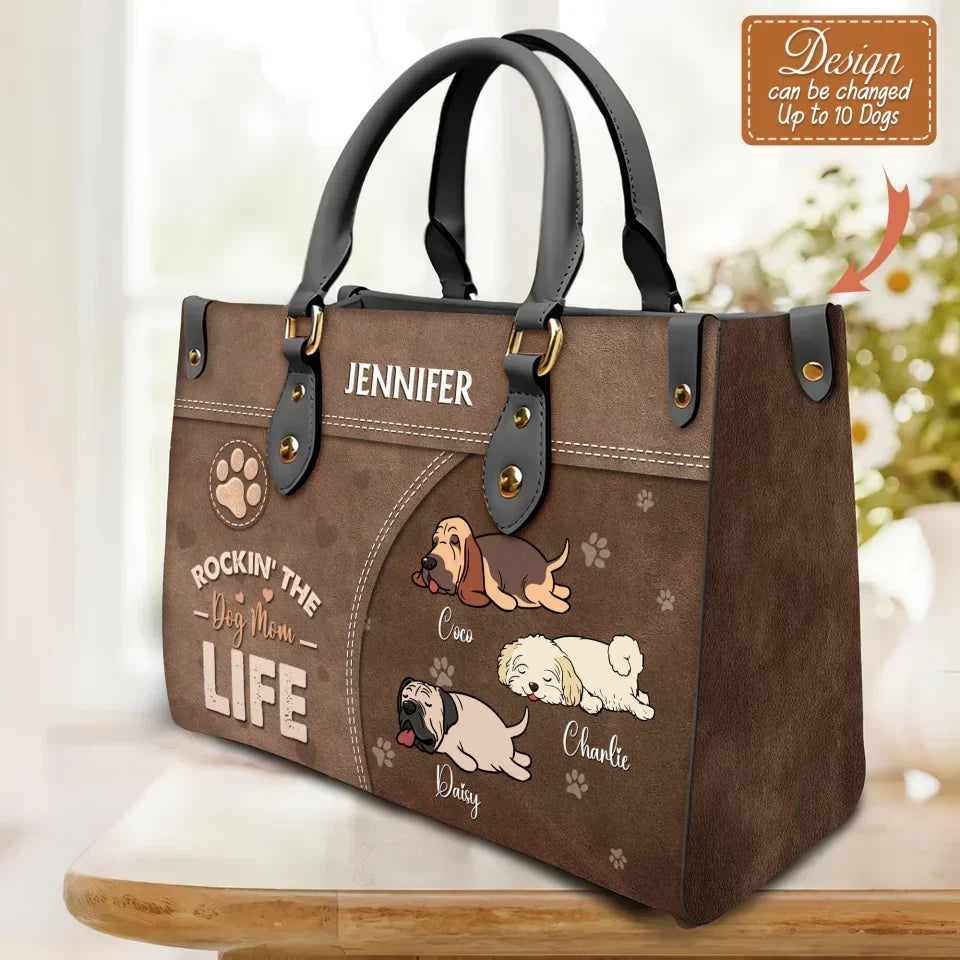 Personalized Dog Mom PU Leather Handbag With Long Straps - Up to 7 Dogs - Rockin' The Dog Mom Life - Mother's Day Gift Idea For Dog Lovers