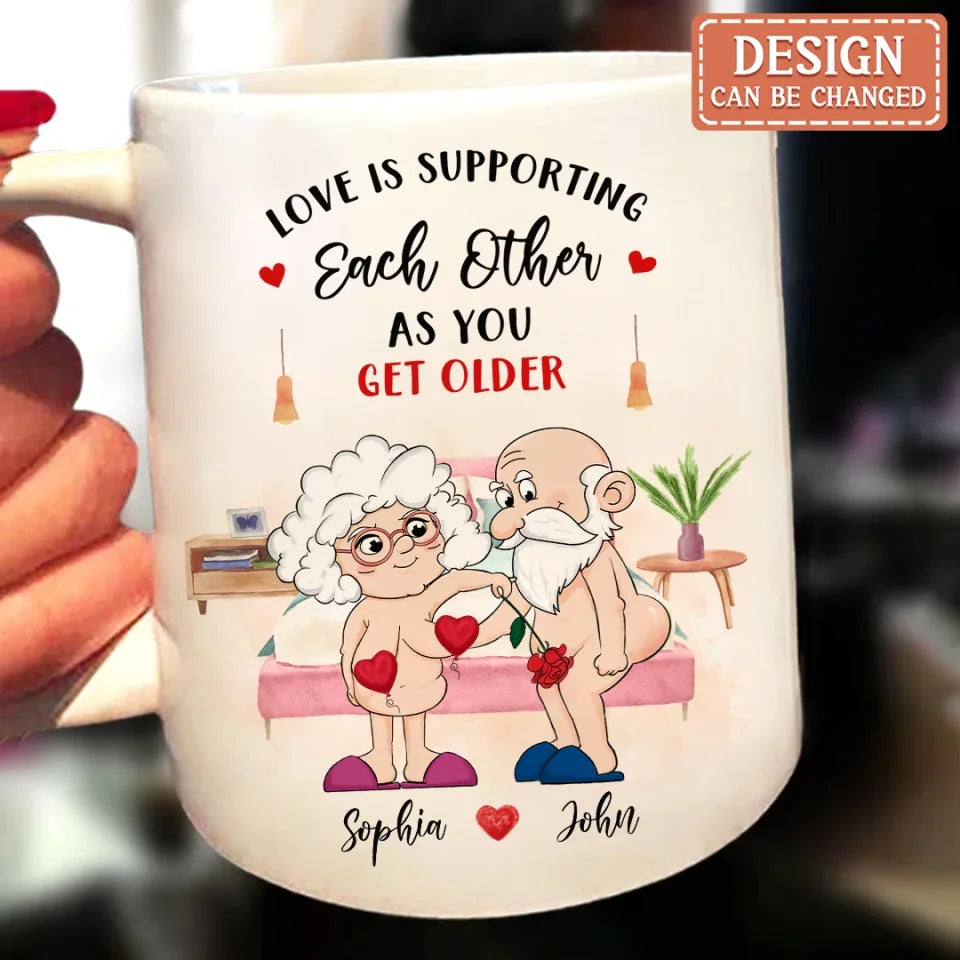 Personalized Funny Old Couple Coffee Mug - Gift Idea For Couple - Love Is Supporting Each Other As You Get Older