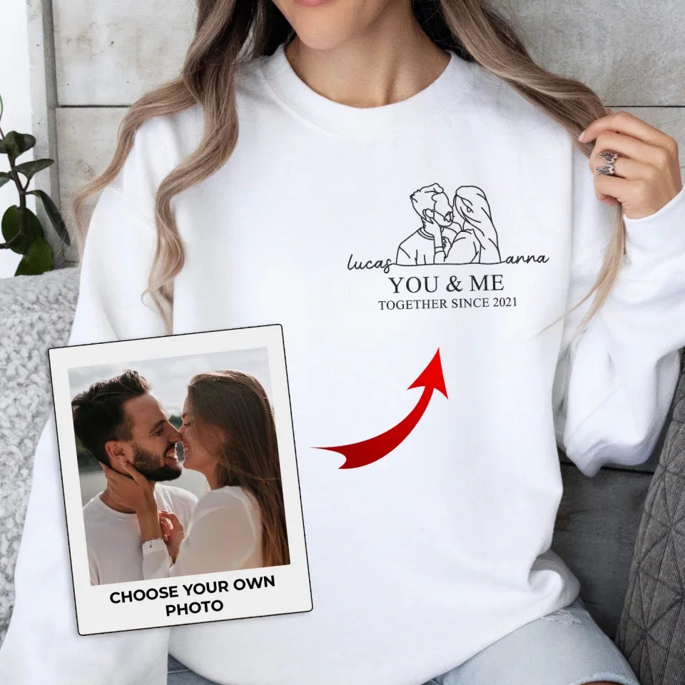 Personalized Couple Portrait Embroidered T-shirt/Sweater/Hoodie - Photo To Line Drawing - Valentine's Day/Anniversary Gift Idea For Couple - You & Me Together Since