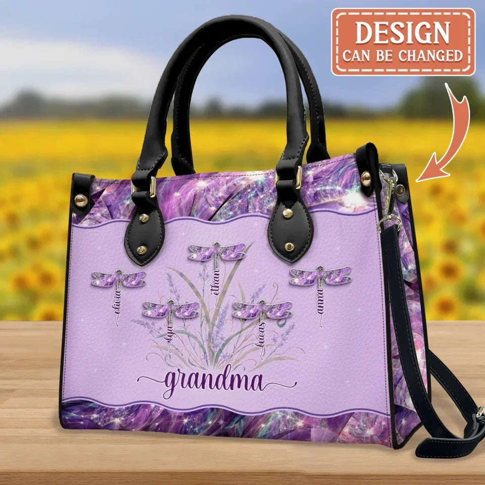 Personalized Grandma Dragonfly PU Leather Handbag With Long Straps - Mother's Day Gift Idea For Grandma/Mom