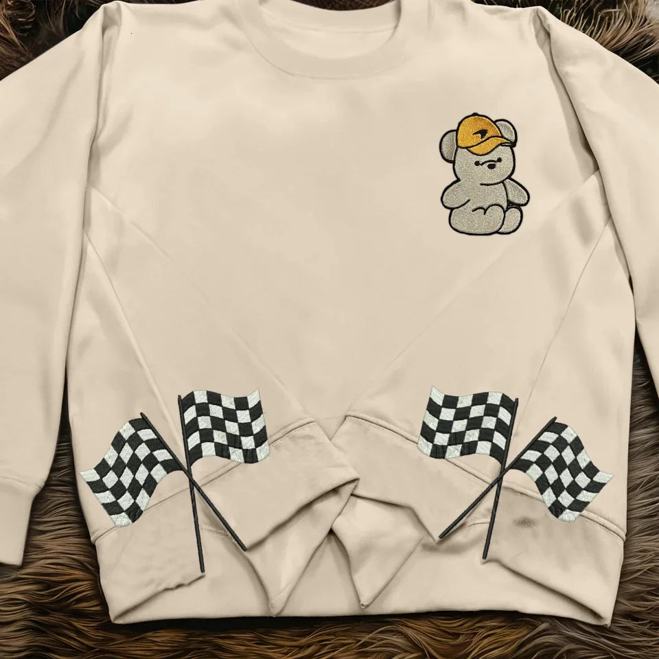 Formula 1 Team Bear, Checkered Racing Flags Side Bow Embroidered Sweatshirt