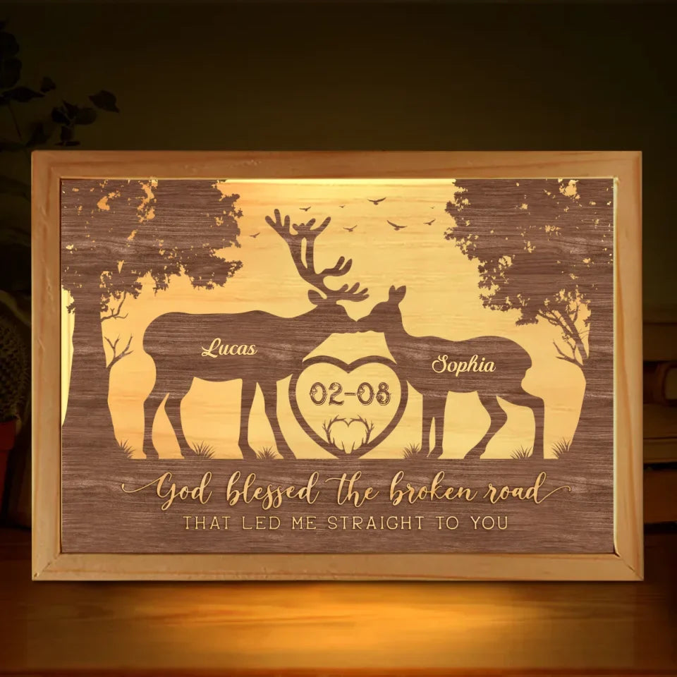 Personalized Deer Couple Frame Light Box - God Blessed The Broken Road That Led Me Straight To You - Valentine Gift Idea For Couple/Husband/ Wife