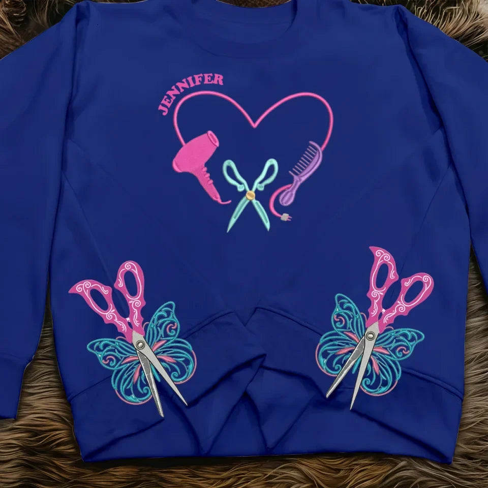 Custom Name Hair Stylist Embroidered Side Split Sweatshirt - Gift Idea For Hairdresser