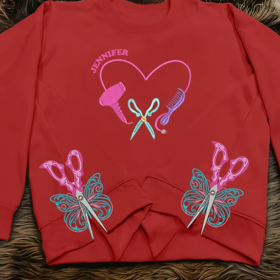 Custom Name Hair Stylist Embroidered Side Split Sweatshirt - Gift Idea For Hairdresser
