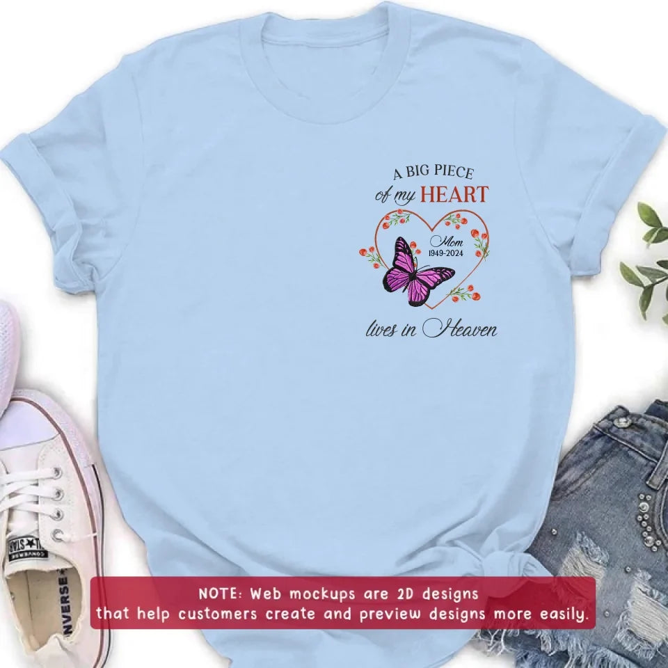 Personalized Memorial Butterfly Embroidered T-Shirt/Sweater/Hoodie - Memorial Gift Idea For Family Member - A Big Piece Of My Heart Lives In Heaven