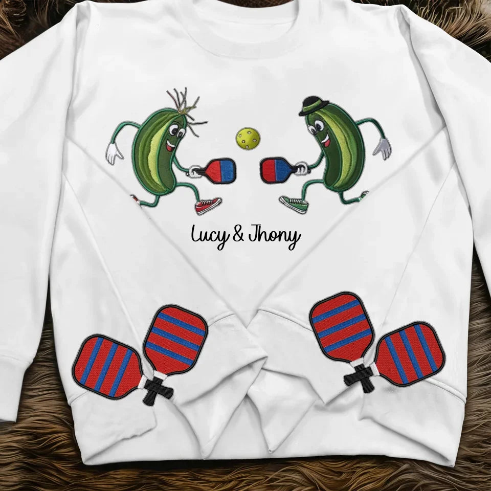 Custom Name Funny Pickles Playing Pickleball Embroidered Side Split Sweatshirt - Perfect Gift For Sports Lovers